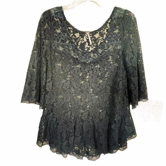 Free People Black Lace Short Sleeve Blouse Small - Picture 4 of 8